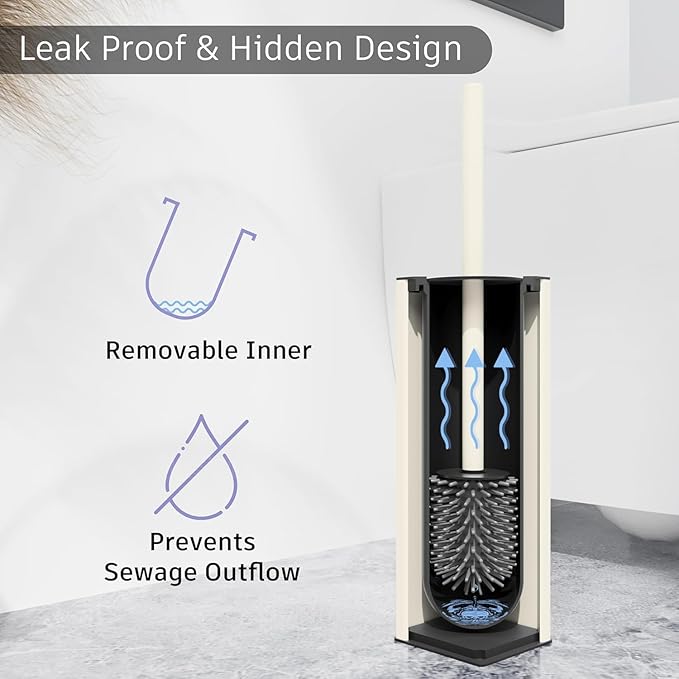 BGL Standing Toilet Brush and Holder Matte White Aluminium Toilet Bowl Cleaner Brush and Holder for Bathroom Storage and Organization, Square Design Sturdy and Space Saving