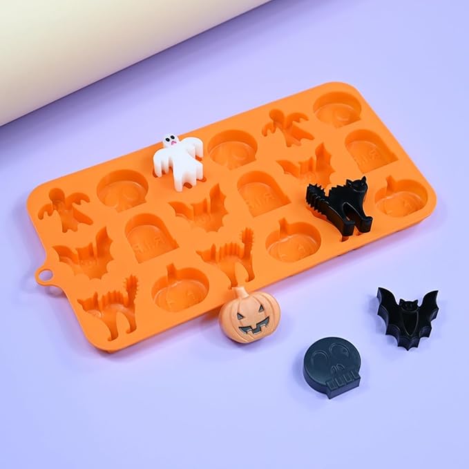 mostsom Chocolate Mold Halloween Silicone Chocolate Molds Pumpkin Bat Skull Ghost Spider Shape Baking Molds for Jelly Soap Fondant Candy Pastry Cake Decorating (H_9x4.6x0.52 inch)