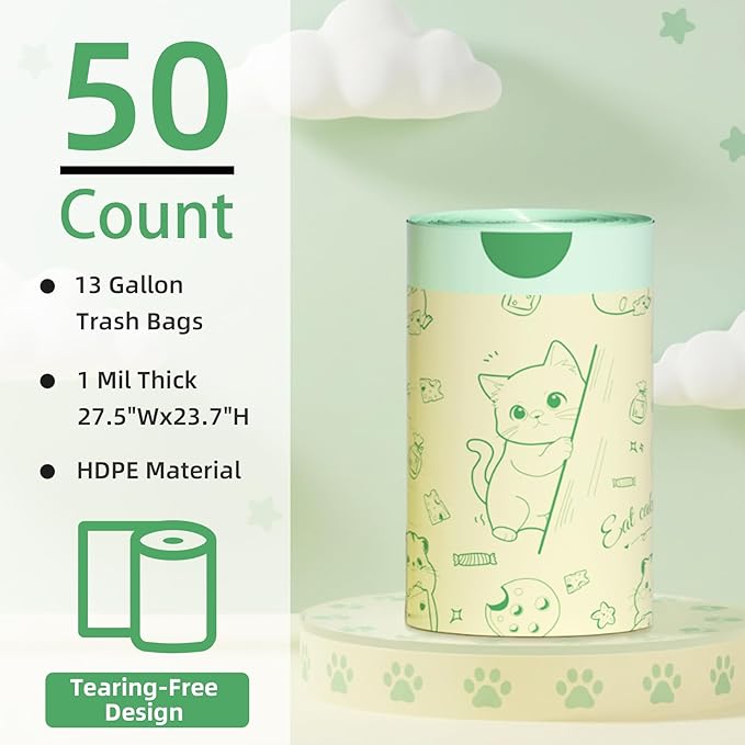 13 Gallon Trash Bags Drawstring, 50 Count Tall Kitchen Trash Bags, Sturdy Large Trash Bags, Cat & Mouse Printed Garbage Bags 13 Gallon Tall Kitchen, Tear Resistant Kitchen Garbage Bags for Kitchen