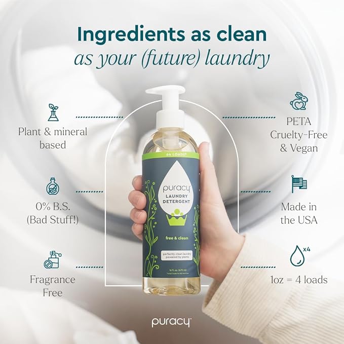 Puracy Laundry Detergent - Enzyme-Powered Liquid Laundry Detergent Concentrate, Natural Laundry Detergent Seen on TikTok, Non-Toxic (Free & Clear, 16 fl oz, 64 Loads)