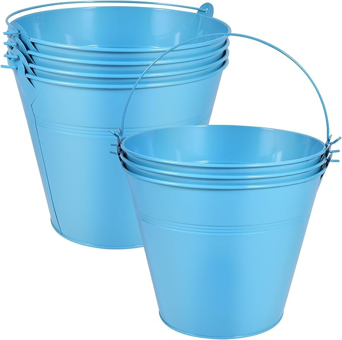 OBTANIM 7 Pack Blue Metal Buckets with Handle Galvanized Ice Pails for Plants, Succulents, Party Favors Organizing, Rustic Home Decor or Classrooms Pencil Storage (9.1 x 6.7 inch)