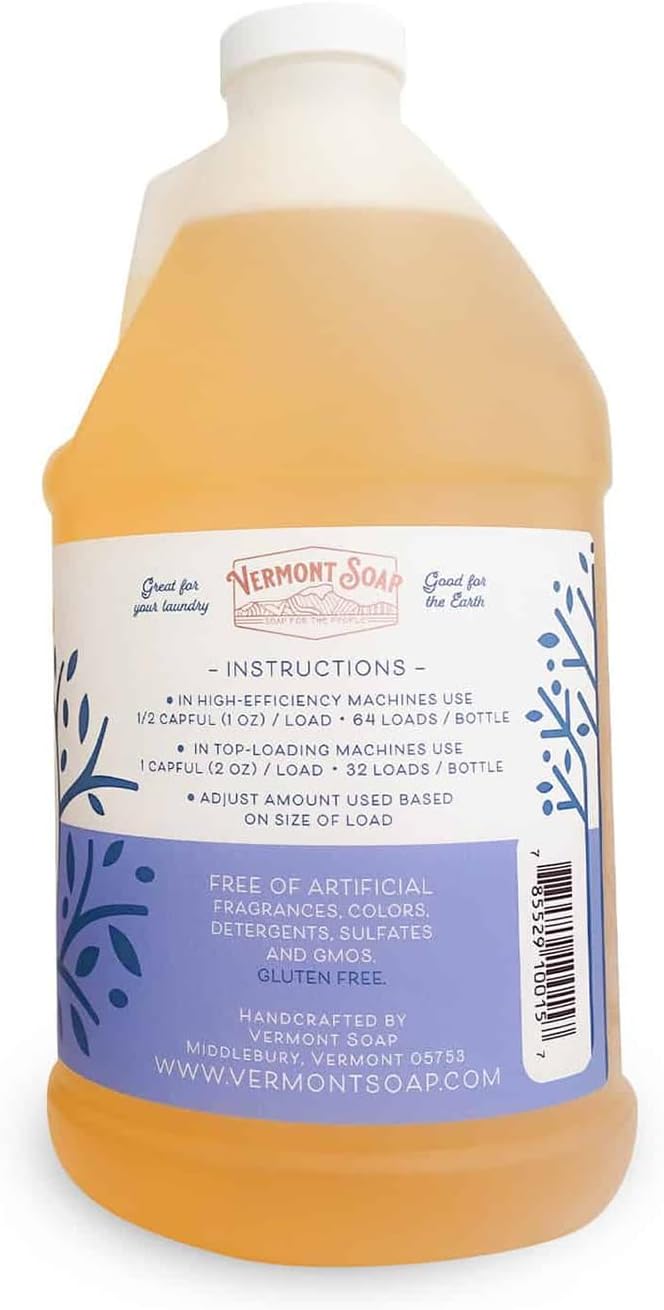 Vermont Soap Laundry Detergent, Laundry Soap, Natural Laundry Detergent Liquid, Baby Detergent, washing — Simply Unscented, 64 Fl Oz