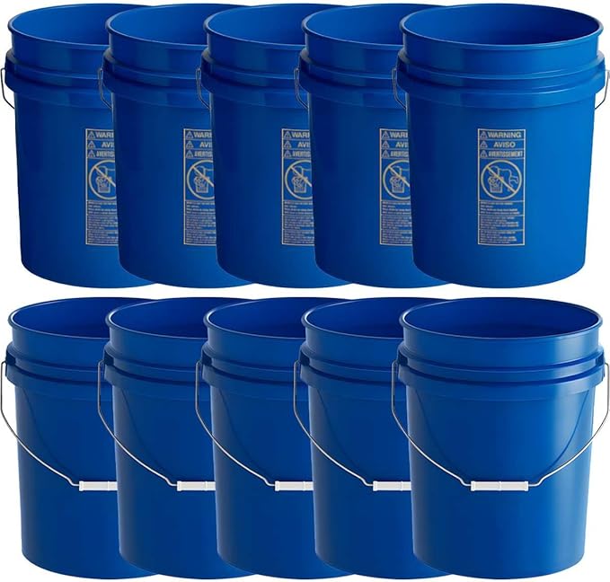 10 Pack - 5 Gallon Heavy-Duty Plastic Buckets with Metal Handle, 90 Mil, Food Safe & Multipurpose