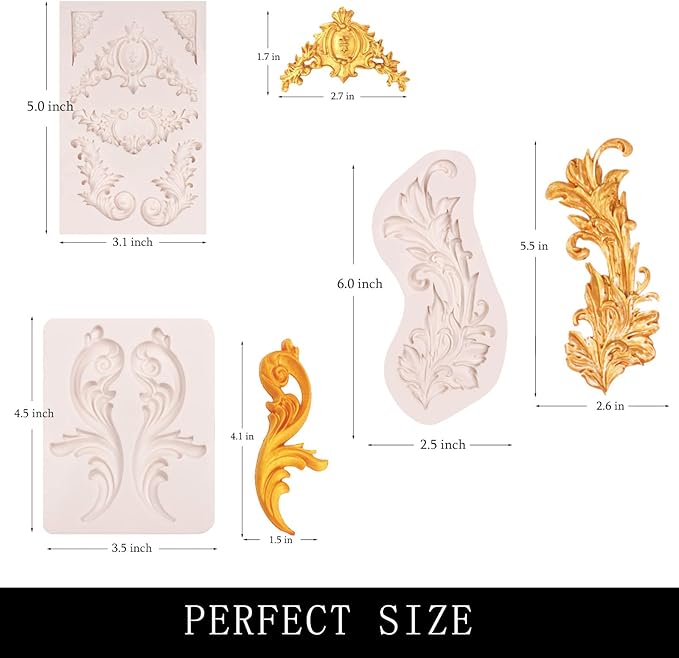 Baroque Silicone Molds Relief Chocolate, Border Feather Scroll Mold for Wedding Cake Decoration, Cupcake Toppers Clay Candy