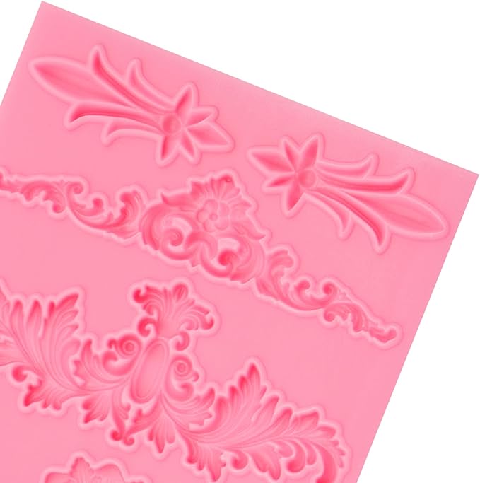 Baroque Decorative Silicone Fondant Mold, Vintage Floral Scroll Pattern, Pink