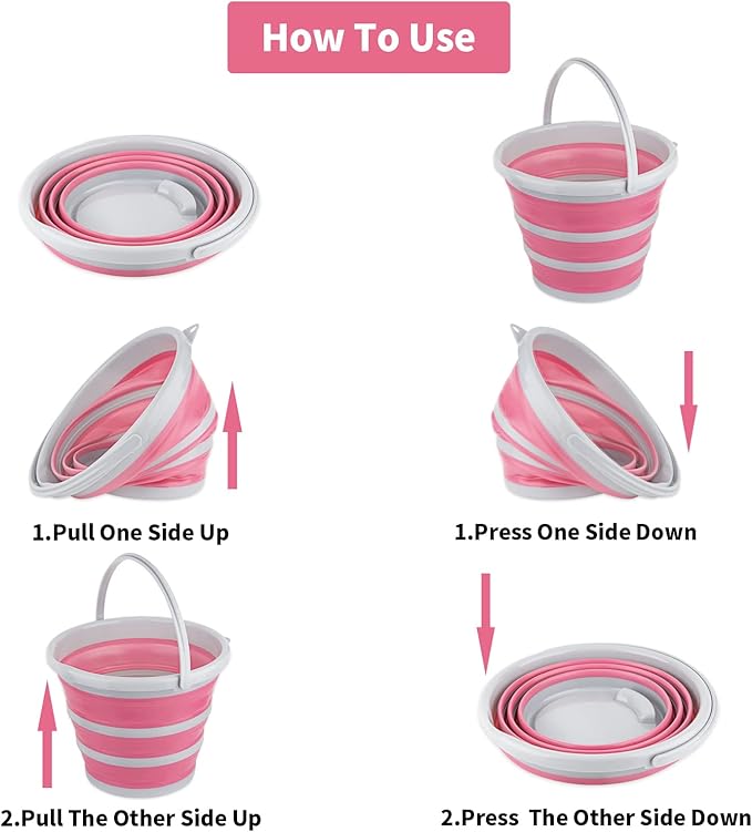 Collapsible Bucket 10L 2.6 Gallon Cleaning Bucket Mop Bucket Folding Foldable Portable Small Plastic Water Supplies for Outdoor Garden Camping Fishing Car Wash Space Saving Grey and Pink