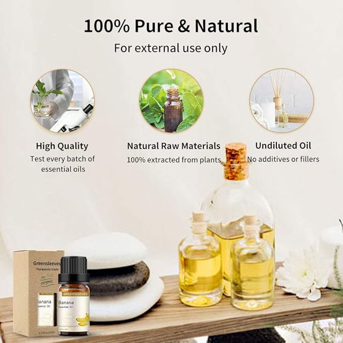 GREENSLEEVES Banana Essential Oil, 10ml Pure Plant-Based Fragrance Oil for Aromatherapy, Essential Oils for Diffuser, Air Freshener, Massage, Bath Bomb, Scented Candle Soap Making