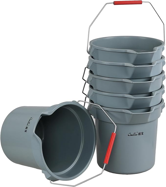 6-Pack Plastic Round Bucket with Handle, 14 Quart Cleaning Bucket, Utility Pail with Pour Spout, Grey