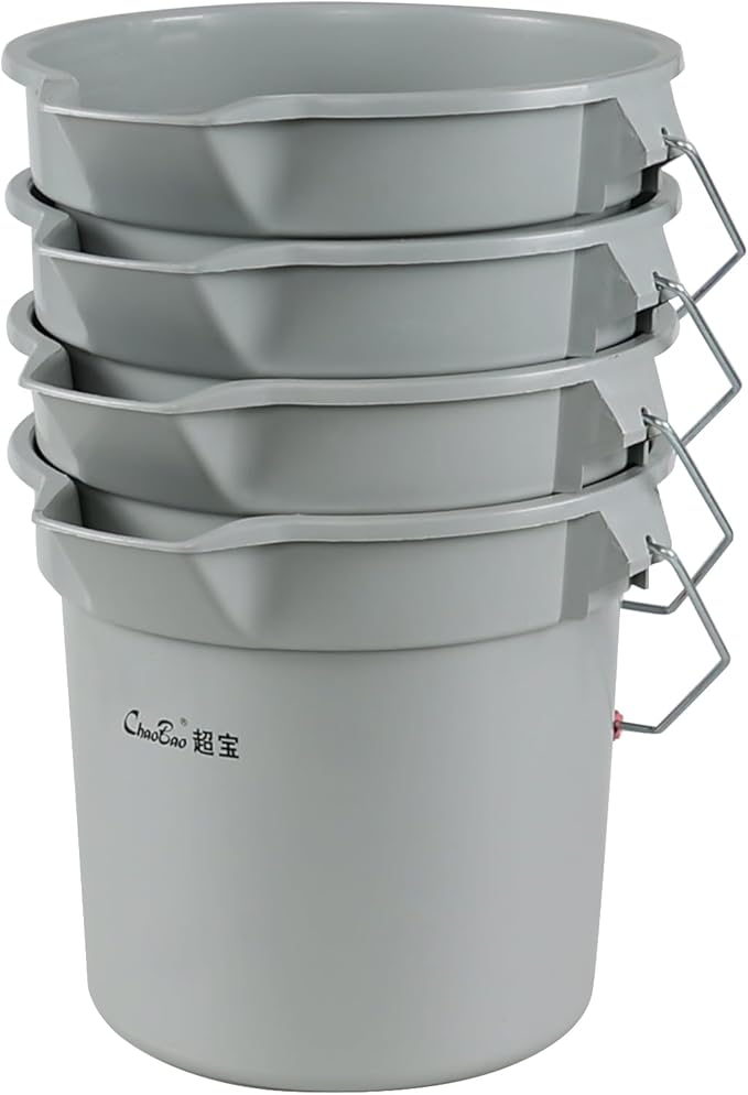 4 Pcs Plastic Commercial Pail with Handle for Cleaning, 14 Quart Sturdy Spout Pail Bucket, Gray