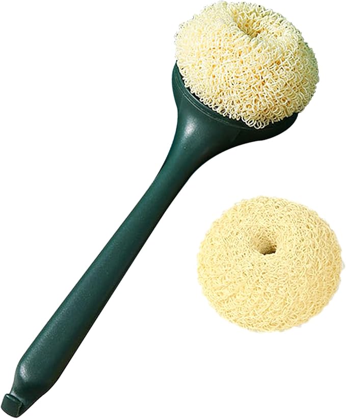 Kitchen Dish Scrubber with Long Handle, Heavy Duty Scrubbing Brushes for Dishes, with Plastic Replacement for Cleaning Kitchen, Pots, Pans, Grills (Long Handle Green)