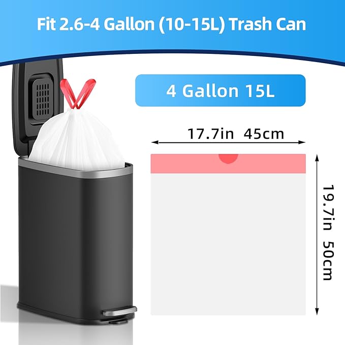 KUK 4 Gallon Drawstring Trash Bags - 120 Count White Small Garbage Bags, Unscented Strong Plastic Waste Basket Liners for Home/Office/Car, Fits 10-15 Liter Bins, 6 Rolls with Tear-Free Design