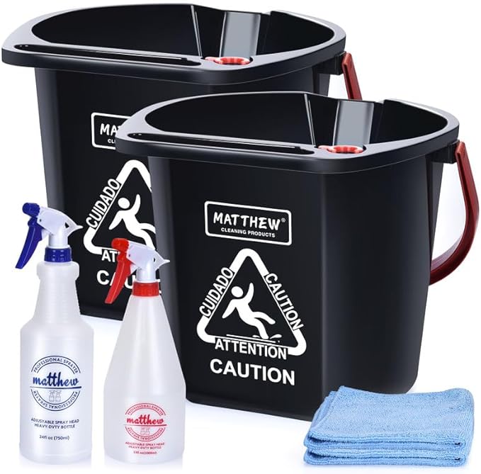 Matthew Cleaning 4.2 Gallon Mop Bucket, Heavy Duty Plastic Cleaning Bucket with Built-in Pour Spout, Mop Holder and Comfort Grip Handle, House and Commercial Cleaning Supplies, 2 Pack Black