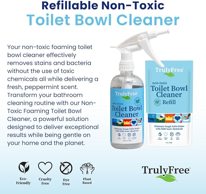 Truly Free Toilet Bowl Cleaner - Heavy-Duty Stain Remover - Septic Safe, Plant-Based Formula - Fresh Peppermint Scent - 1 Refill (3oz) with Empty Refillable Bottle