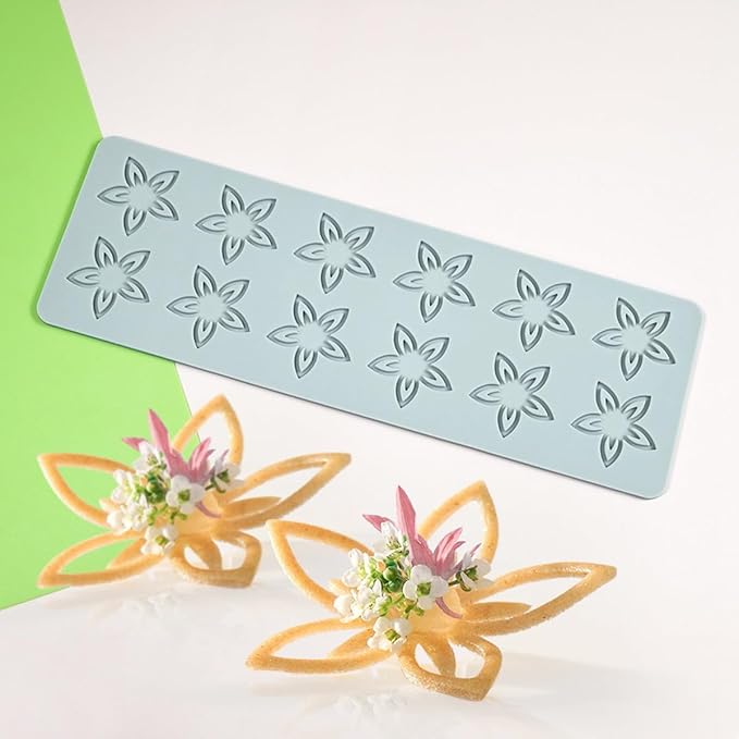 TUKE Tuille Mold Flower Chocolate Silicone Mold 3D Hollow Fondant Mold Cake Topper Hollow Silicone Mold Candy Mold Lace Mat for Cake Decorating Chocolate Fondant Tuille (Flower J_9.84x3.2x0.12inch)