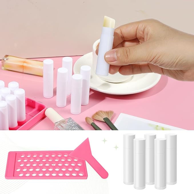 Lip Balm Crafting Kit, 50 Pieces Empty Lipsticks Filling Tubes Mold Handmade Set Pallet with Scraper, Lip Balm Tubes with Filling Tray and Spatula for Women Girl Cosmetics Makeup, Pink