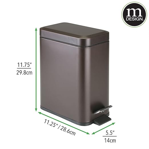 mDesign Small Modern 1.3 Gallon Rectangle Metal Lidded Step Trash Can, Compact Garbage Bin with Removable Liner Bucket and Handle for Bathroom, Kitchen, Craft Room, Office, Garage - Bronze