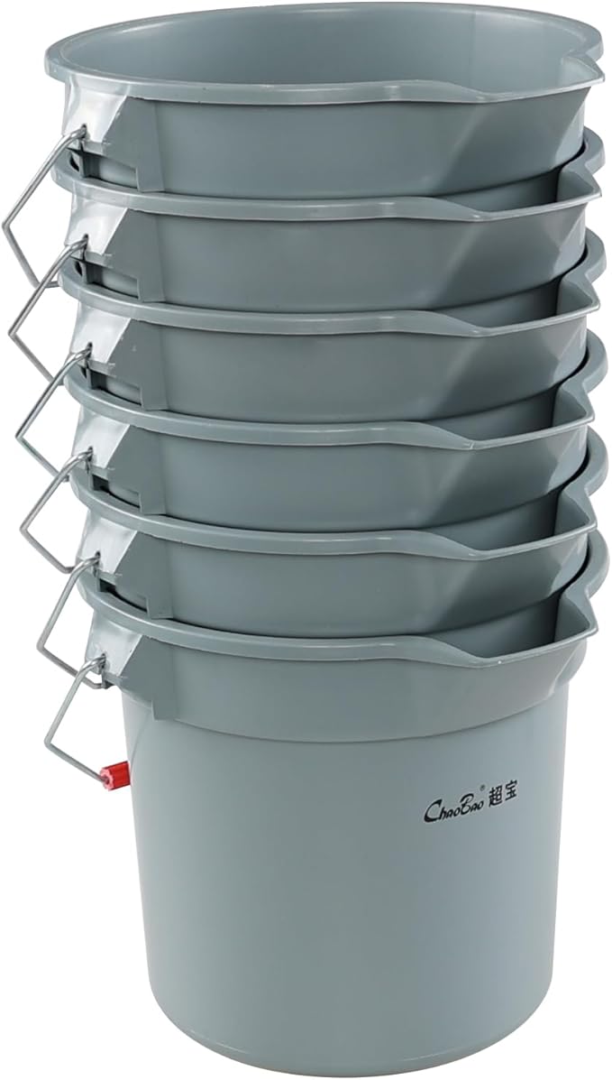 6-Pack 14 Quart Plastic Cleaning Round Bucket with Handle, Commercial Cleaning Pail, Gray