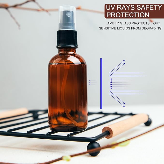 4 oz Amber Glass Spray Bottles - Small Empty Fine Mist Spray Bottle for Essential Oil,Face - Mini Dark Spray Bottles with,Included 4 Sprinkler, 1Funnels,1 Droppers, 4 Labels