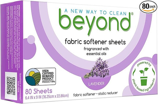 Beyond Fabric Softener Sheets (80 sheets) - Lavender Scent - Eco-Friendly Plant-Based Dryer Sheets. Removes Static Cling. Recyclable Packaging.