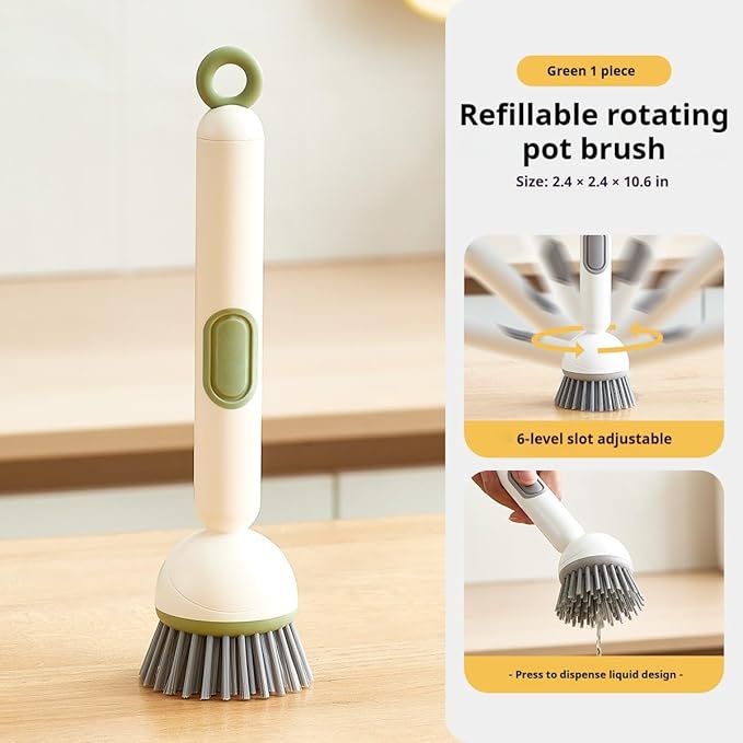 Adjustable Dish Brush with Soap Dispenser, Non-Scratch PET Bristles, Ergonomic Handle, Kitchen Cleaning Tool for Pots, Pans & Sink (Green, Long-1 Piece)