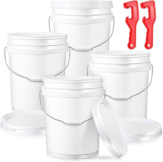 4 Pack 5 Gallon Plastic Bucket with Airtight Lid for Food Storage Heavy Duty Reusable White Bucket Pail Container with Metal Handles and Plastic Grip, with 2 Pcs Red Lid Opener