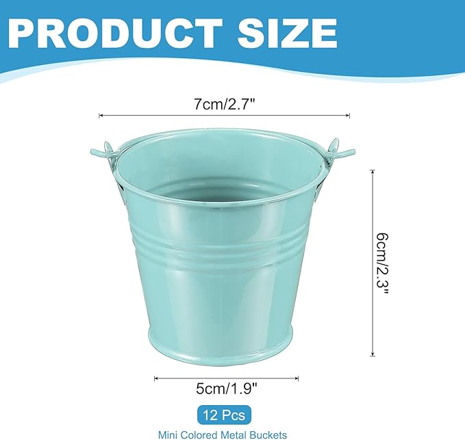 PATIKIL 2.7"x2.3" Small Metal Buckets with Handle, 12 Pcs Mini Galvanized Bucket Colorful Easter Buckets for Crafts Party Favors Decoration, Light Blue