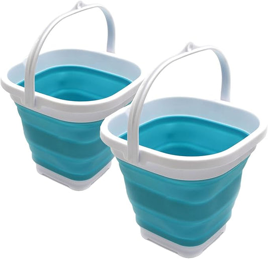SAMMART Set of 2-2.6L (0.68 Gallon) Super Mini Sqare Collapsible Plastic Bucket - Foldable Square Tub - Portable Fishing Water Pail - Space Saving Outdoor Waterpot (2, Bright Blue)