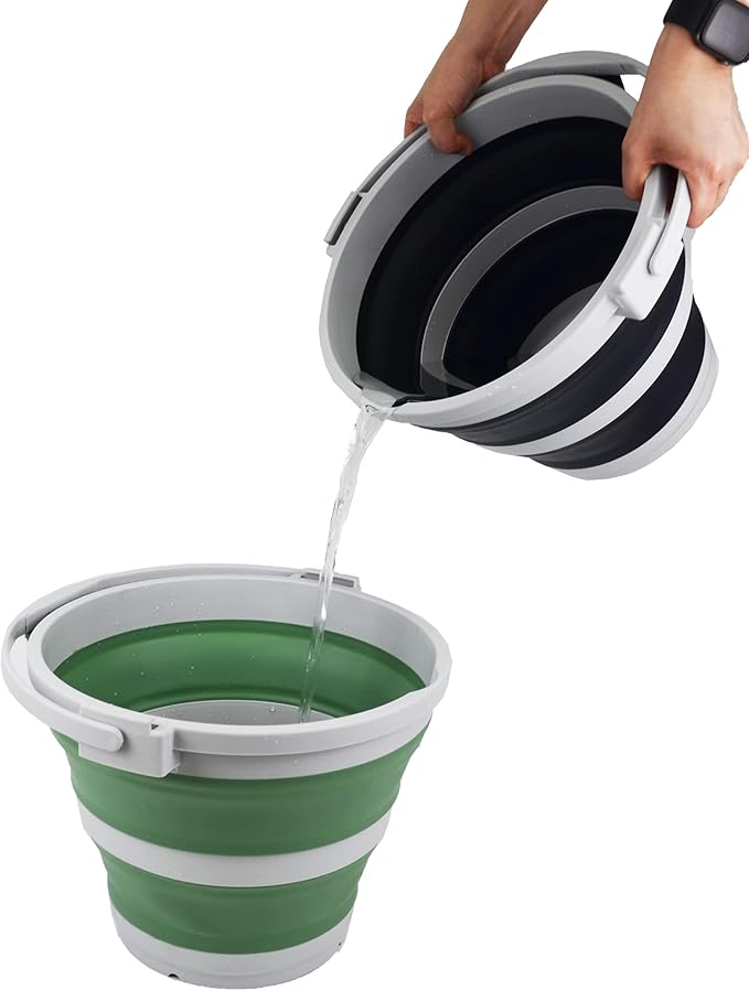 SAMMART Set of 2-10L (2.64Gallon) Collapsible Fishing Bucket Locking Lid, 31cm Dia. (2, Grey/Dark Sea Green)