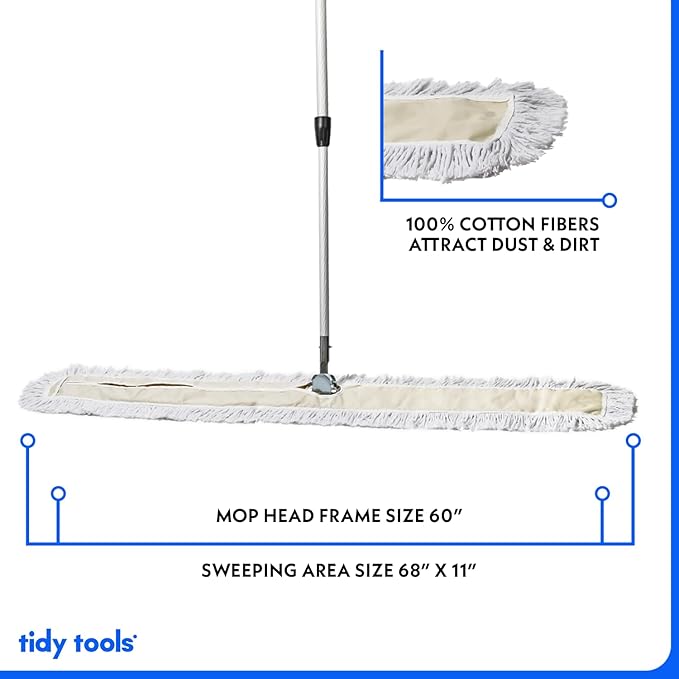 Commercial Dust Mop – 60 Inch Floor Sweeper for Hardwood, Reusable Cotton Mop Head, Extendable Handle, Dry Mop for Floor Cleaning & Janitorial Supplies