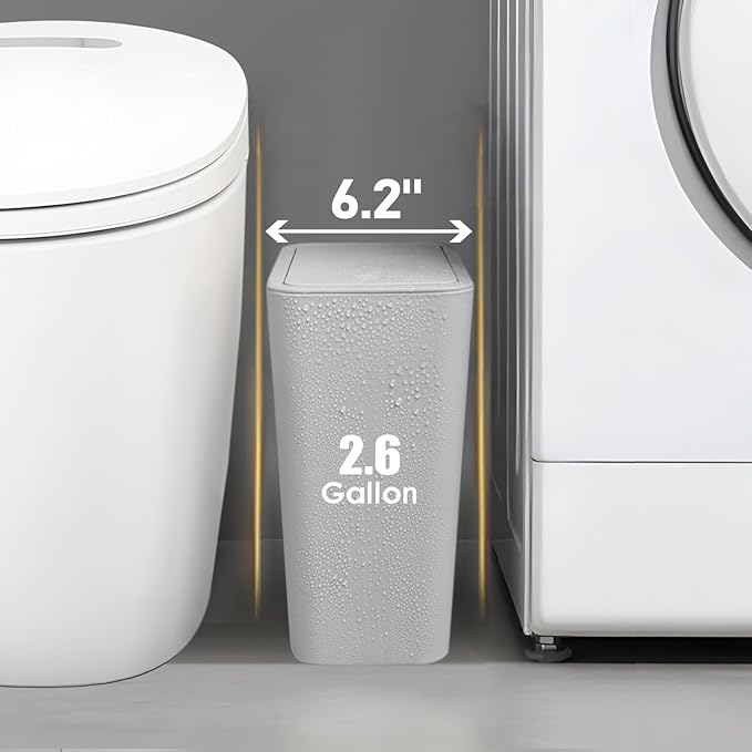 TIPGO Bathroom Trash Can with Lid, 10 Liter/ 2.6 Gallon Slim Garbage Can, Small Trash Bin Waste Basket with Pop-Up Lid for Kitchen, Bedroom, Living Room, Office (Grey)