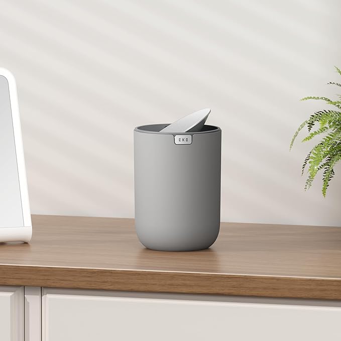 EKO Fandy 0.58 Gal/2.2L Mini Trash Can with Lid, Swing-Top Desktop Trash Can for Bathroom, Countertop, Vanity, Desk or Office, Small Garbage Bin (Grey)