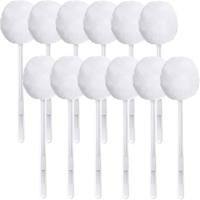 Eaasty 12 Pack Toilet Bowl Brush with Long Plastic Handle Disposable White Soft Swab Toilet Bowl Cleaners Mop with Silk Cotton Brush for Bathroom, 11 x 4.3 Inch