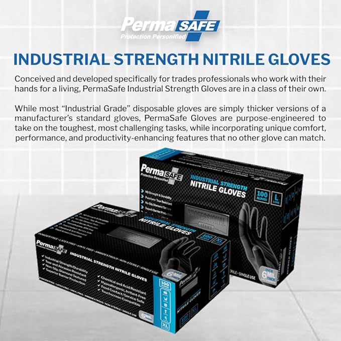 PermaSafe HD Black Disposable Nitrile Industrial Gloves, 6+ Mil, Latex-Free, Raised Textured, Mechanics, Medical, Food, More - Large Box of 1000