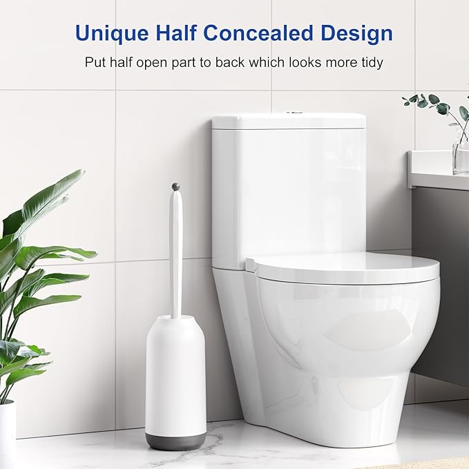HAMITOR Toilet Bowl Brush Holder Set: Deep Cleaning Silicone Toilet Cleaner Scrubber Under Rim with Curved Bristle for Bathroom Dead Corner Clean - Modern Rv Toilet Decorative Accessories - White