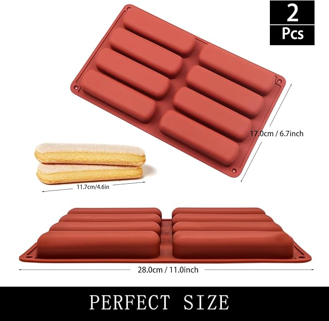 Silicone Finger Biscuit Mold, 8 Cavities, 11x6.7 inch, Set of 2 Baking Mold for Eclairs and Chocolate Bars