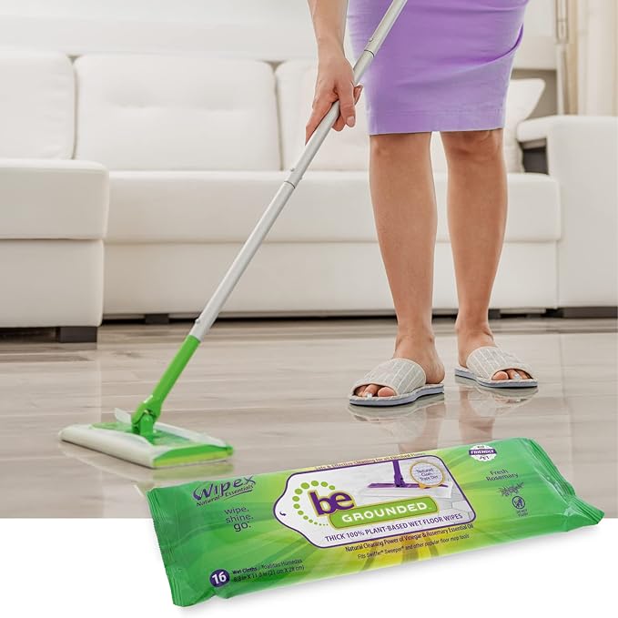 Wipex Natural Wet Floor Wipes - Rosemary Essential Oil & Vinegar - Textured Plant-Based Cloth to Trap and Absorb Dirt - Fit Swiffer Sweeper Mop - Wet Mop Pads Refills, Case Size, 16 Count (Pack of 12)