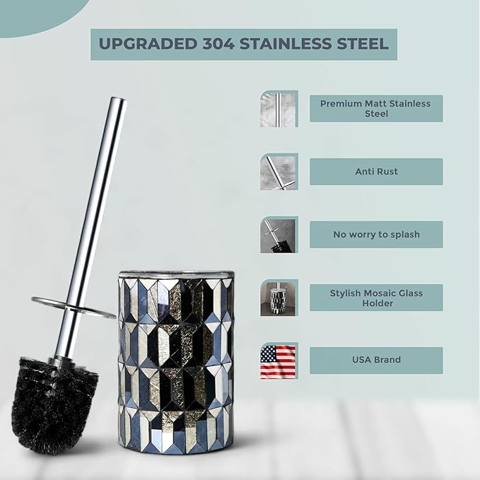 Escenzy Cute Toilet Brush and Holder Set Mosaic Glass | Non-Rustic Stainless Steel | Practical & Decorative Toilet Bowl Brush and Holder | Luxury Black and Gold Bathroom Accessories (Latest)