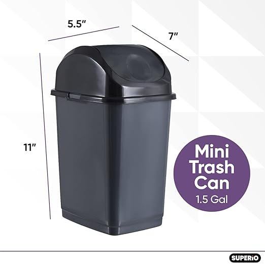 Superio Mini Desktop Trash Can with Swing Top Lid Portable Plastic Garbage Can for Countertop, Desktop, Make up Vanity, Bathroom, Car, Under Sink, Dorm Compact Waste Bin 5 L 1.25 Gal (2, Grey)