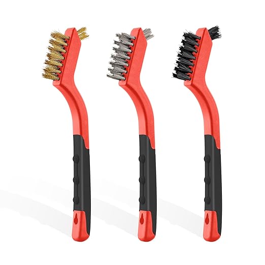 MAXMAN Wire Brush Set 3Pcs, Small Wire Brushes for Cleaning, Rust Remover, Scrub Brush, Detailing Brush, Metal Brush, Stainless Steel/ Brass/ Nylon Bristles Bristle Brush, Scratch Brush, (Red)