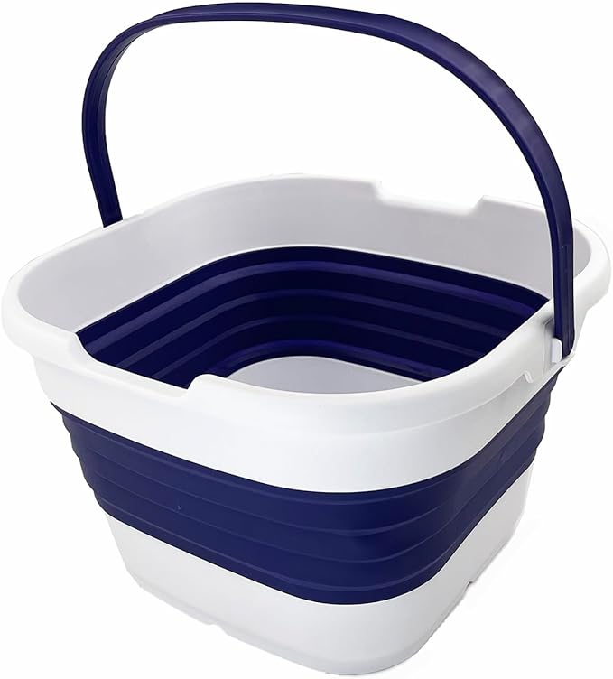 SAMMART 9.5L (2.5 Gallon) Collapsible Rectangular Handy Basket/Bucket (White/Navy Blue)
