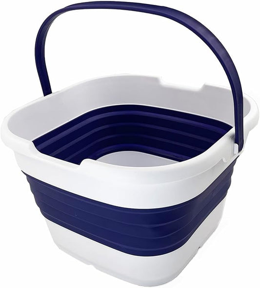 SAMMART 9.5L (2.5 Gallon) Collapsible Rectangular Handy Basket/Bucket (White/Navy Blue)