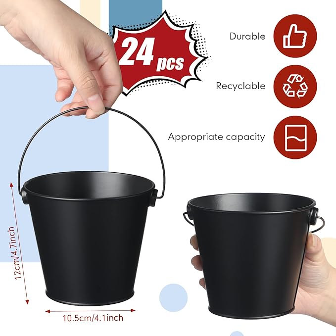 24 Pcs Mini Metal Buckets Black Small Bucket Galvanized Pail Iron Flower Pot Pencil Holder with Handles for Halloween, Christmas, Party Favors, Black Wedding Decor, Craft, Candy Bars, Vase, Classroom