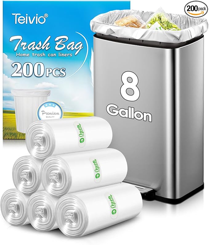 8 Gallon 200 Counts Strong Unscented Medium Trash Bags,Fit 7,8,9,10 Gal Garbage Bags by Teivio, 30 Liter Thick Bathroom Can Bin Liners,Plastic Bags for Home Office Kitchen, Clear