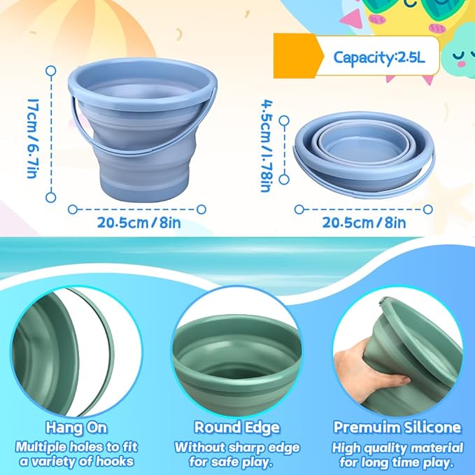 Dilabnba Collapsible Beach Buckets Set Toys, Easter Eggs Buckets, 3PCS 2.5 L Portable Silicone Foldable Pails for Camping Sandbox Garden Beach Party Fishing