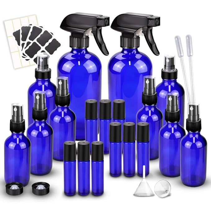 Glass Spray Bottle Kit×10 (2×16 oz, 2×4 oz, 6×2 oz), 9×10 ml Roller Bottles, Anti UV, Multi Size and Versatile, Suitable for Aromatherapy, Facial Moisturizing, Watering, etc.(Blue