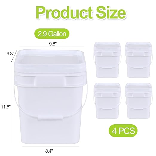 2.9 Gallon Square Buckets with Lids, Food Safe Plastic Bucket, 4 Pack, White
