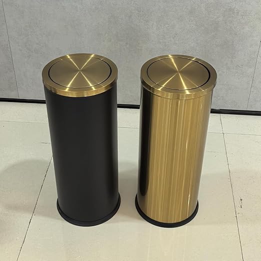 30L/8GAL Gold Brass Kitchen Trash Can,Tall Commercial Garbage Can with FILP Lid,Black and Gold Trash Can for Kitchen,Shopping mall,Elevator gate,Airport, Hotel,Commercial (Black)