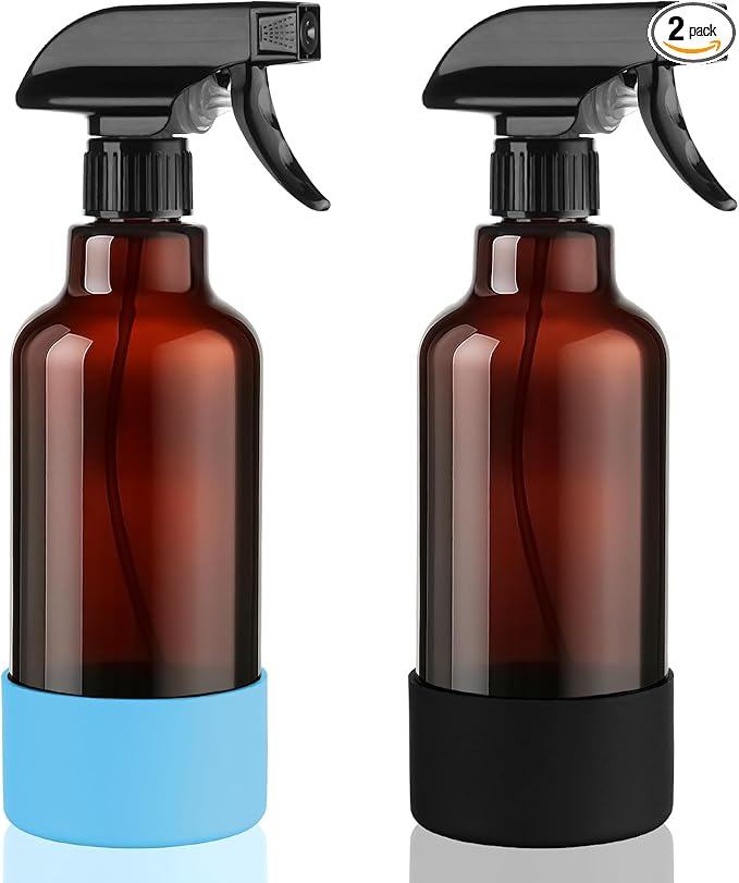 Glass Spray Bottles with Silicone Sleeve 16.9oz 2 Pack Empty Spray Bottle for Hair Mist/Stream Spraying for Cleaning Solutions, Plants, Essential Oils (Brown-sblue&black)