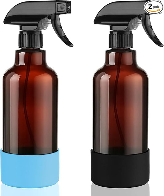 Glass Spray Bottles with Silicone Sleeve 16.9oz 2 Pack Empty Spray Bottle for Hair Mist/Stream Spraying for Cleaning Solutions, Plants, Essential Oils (Brown-sblue&black)