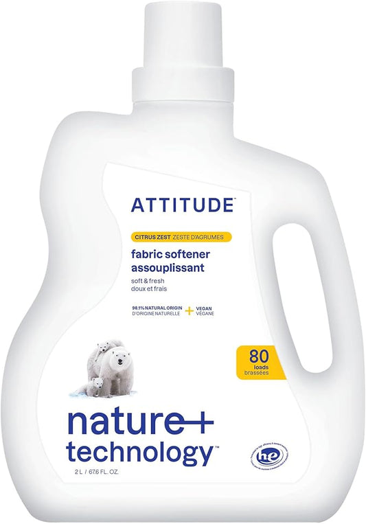 ATTITUDE Liquid Fabric Softener, Plant-Based & Vegan, HE Compatible, Naturally Derived, Citrus Zest Scent, 80 Loads, 67.6 Fl Oz